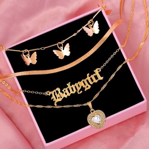 Flatfoosie Multilayer Butterfly Babygirl Letter Pendant Necklace for Women Gold Color Heart Crystal Choker Necklace Boho Jewelry