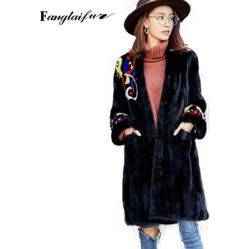 Fang Tai Fur 2019 Women Import Velvet Mink Fur Coat V-Neck Print Slim Causal Mink Coats Womens Long Black Real Mink Fur Coats