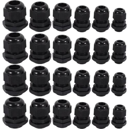 24 Pcs Plastic Waterproof Adjustable 3.5 - 13mm Cable Gland Joints, PG7, PG9, PG11, PG13.5, PG16, Pack of 24