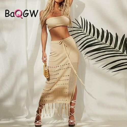 BaQGW Knitted Bikini Cover Up Beach Dress Long Tassel Summer Swimsuit Women Off Shoulder Crop Top Skirt Two Piece Set Beachwear