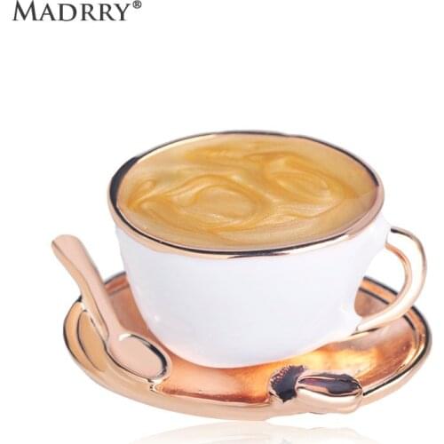 Madrry Latest Coffee Cup Spoon Shape Brooch Unique Enamel Brooches Pin For Women Girls Men Sweater Suit Coat Accessories Jewelry