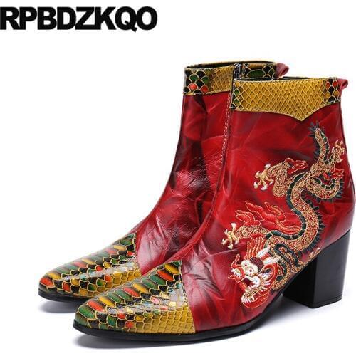 Shoes black mens high heel boots full grain plus size zipper pointed toe embroidered fashion ankle real leather chunky short red
