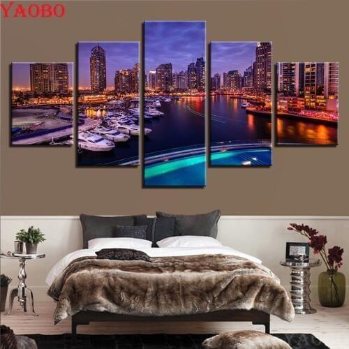 5 Pieces Seaside City Night View 5D Diy Diy Diamond Painting Cross Stitch Mosaic Square/Round Drill Diamond Embroidery sale