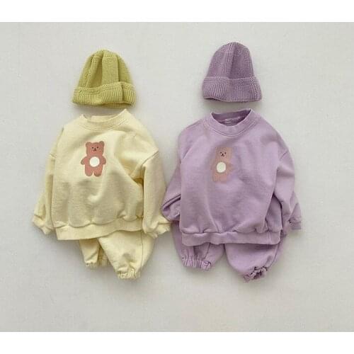 8228 Children Clothing Set Girls Suit Autumn 2021 Bear Print Casual Boys Two Piece Clothes Hoodies+Pant Baby Girls Casual Suit