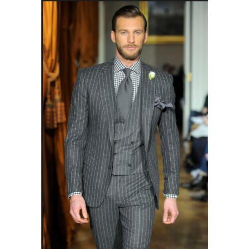 Latest Coat Pant Designs Smoking Grey Stripes Men Suit Slim Fit 3 Piece Tuxedo Custom Prom Blazer Groom Suits Terno Masculino