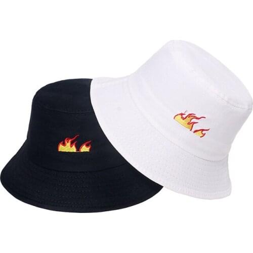 2021 New Style Fire Embroidery Bucket Hat Fisherman Hat Outdoor Travel Hat Sun Cap Hats For Men And Women