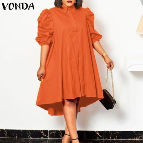 VONDA Women Knee-Length Dress 2021 Casual Button Down 3/4 Sleeve Lapel Collar Shirt Dresses Casual Irregular Hem Baggy Sundress