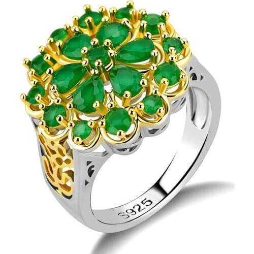 Luxurious Flower Design Hollowed Out Silver Ring Female Jewelry Green Gem Ring Suitable for Womens Anniversary Gift