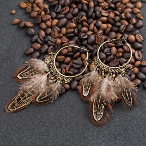 Boho Exaggerate Brown Feather Tassel Pendant Earrings For Women Bohemian Metal Round Circle Wood Metal Chain Earring Jewelry