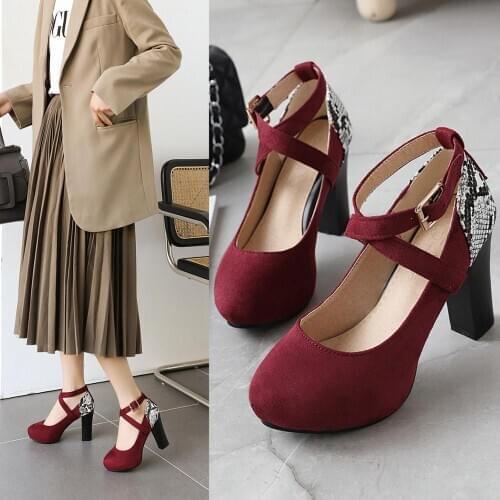 Womens Fashion Pumps Sweet Woman Thick High Heels Ankle Strap Flock Female Platform Mary Jane Women Shoes Ladies Footwear