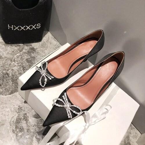 Summer new style sexy lady pumps black satin bow crystal pointy toe stiletto stripper High heels shoes birde wedding shoes