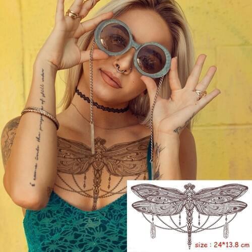 Temporary Waterproof Tattoo Sticker dragonfly feather animal necklace sexy chest back Flash water transfer Tatto for Woman girl