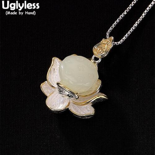 Uglyless 100% Real 925 Sterling Silver Lotus Pendants for Women Handmade Natural Jade Lotus Flower Pendant Necklaces NO Chains