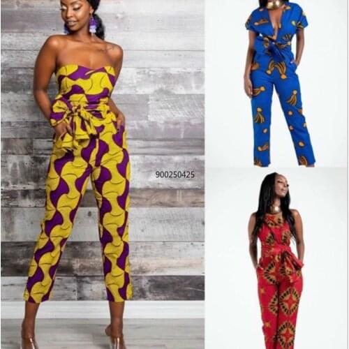 Bohisen African Print Womens Sexy Lace Up Jumpsuit Summer African Dresses for Women Floral Print Bazin Vestidos African Clothes