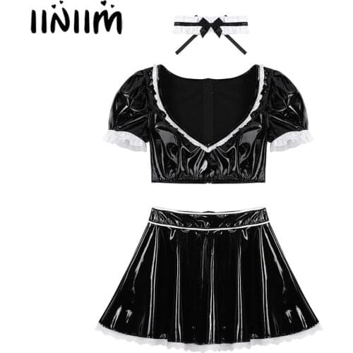 Women Wet Look Patent Leather French Maid Cosplay Costume Puff Sleeve Plunging Crop Top with High Waist Short Skirt and Choker