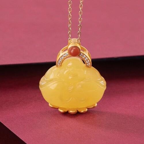 S925 sterling silver gold-plated natural amber pendant retro personality Maitreya Buddha womens necklace pendant