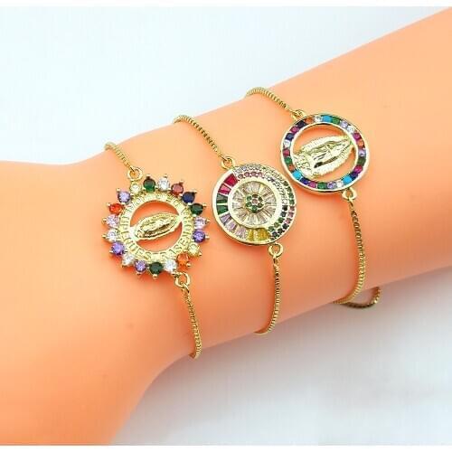 Rainbow Virgin Mary Bracelet For Women Religious Charm Bangle Bracelets Irregular Cubic Zirconia Round Coin Bracelet Adjustable