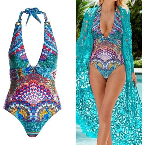 Summer Ladies Sexy Halter Peacock Bikini Sling Swimsuit Seaside Swimming Bikini Fitness Push-ups Swimming One-Piece Swimwear