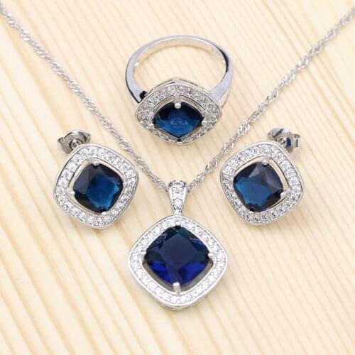 Silver 925 Jewelry Sets For Women Blue Cubic Zirconia White Crystal Square Stud Earrings Pendant Ring Necklace Set