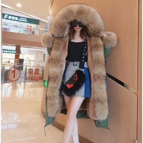Winter 2021, female long coat, warm long black waterproof park with movable natural fox fur