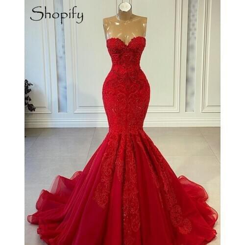 Sexy Mermaid Sweetheart Luxury Beaded Applique African Women Red Long Evening Dresses 2021 Party Gowns
