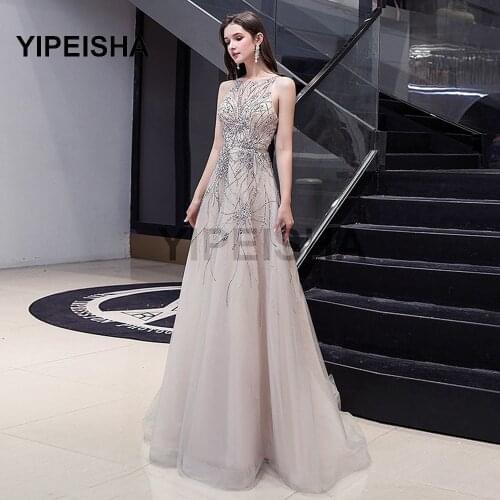 Silver Gray Elegant Evening Dress Halter Neck Sexy Bling Diamond Crystal Beaded Backless A-Line Prom Party Gown robes de soirée