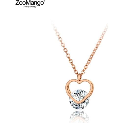 ZooMango Titanium Stainless Steel Rose Gold CZ Crystal Pendant Jewelry Double Love Heart Choker Necklace For Women Gift ZN20056