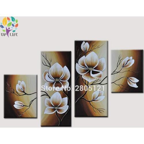 100% Hand-painted Oil Wall Art Warm color Yellow Flowers Bloom Home Decoration Abstract Floral Oil Painting on Canvas 4pcs/set