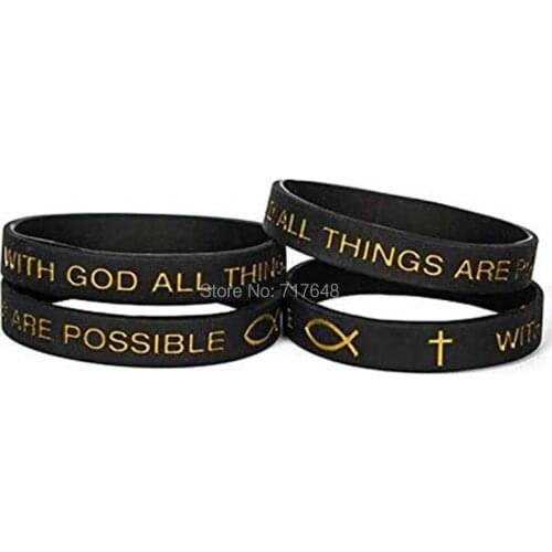 100pcs All Things Are Possible - With God Black wristband silicone bracelets free shipping by epacket A