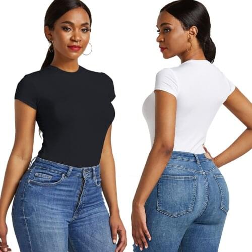 Asymmetry Bodycon Bodysuit T-shirt Round Neck 2021summer Sexy Black Basic Bodysuit Women Short Sleeve Casual Skinny Top Clubwear