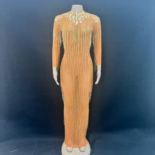 Flashing Gold Rhinestone Fringe Transparent Mirror Long Dress Birthday Celebrate Prom Dress Women Dancer Dress YOUDU