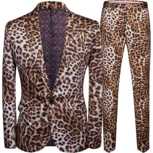 Leopard print Blazer men groom suit set with pants mens slim suits costard homme singer star style stage clothing formal dress