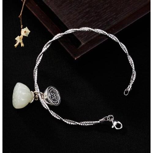 Natural Hetian White Jade Lotus Pendant Bracelet Chinese Style Retro Winding Unique Craft Charm Womens Silver Jewelry