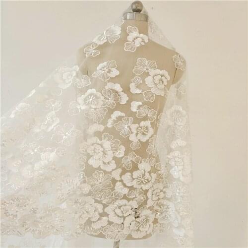 Ivory White Wheat Beads Sequined Lace Fabric Embroidery Flower Wedding Dress DIY Sewing Accessories