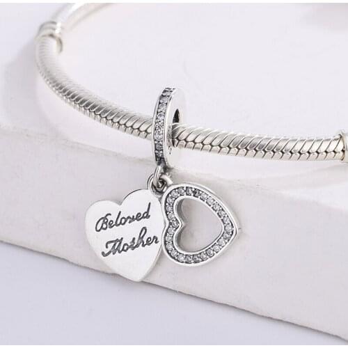 For Pandora 925 Sterling Silver Beads WIth Zircon Beloved Mother Heart Pendant Charms Bracelets Fashion Jewelry DIY Making