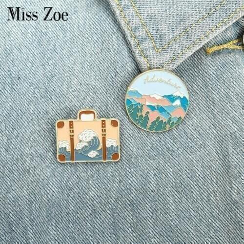 Travel Enamel Pin Adventure Tour Suitcase Journey Brooches Bag Lapel Pin Badges Mountains Oceans Wave Jewelry Gift for Friends
