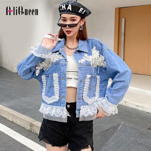 Vintage Patchwork Short Lace Denim Jackets for Women Loose Student Jean Jacket Streetwear Ruffles Coat Outerwear Mujer Chaqueta