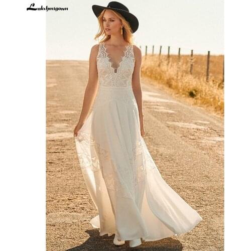 Summer V neck Boho Wedding Dresses Chiffon Wedding Gowns Lace Bodice Sexy Backless Bridal Receipt Dinner Dresses robe longue