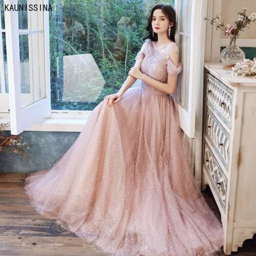 Sweet Pink Crystal Prom Dresses Long Sparkle Evening Gowns Tulle A-line Birthday Celebrity Party Dress Elegant Formal Vestido De