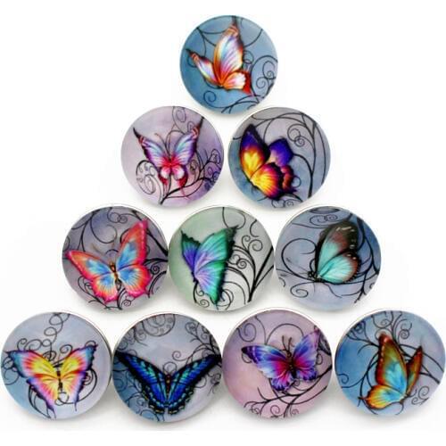 New Arrived Mixs 12pcs/lot 18mm Glass Snap Buttons Butterfly Snap Chams Fit DIY Ginger Snap Bracelet Necklace Jewelry