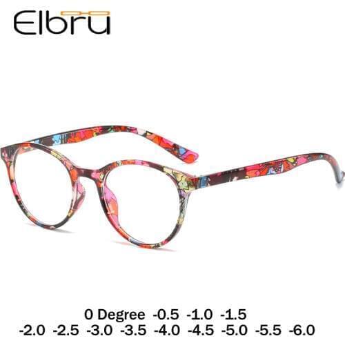 Elbru Diopter 0 to -6.0 Finished Myopia Glasses Women Floral Round Myopic Eyeglasses Nearsighted Optical Spectacle Frame Ladies