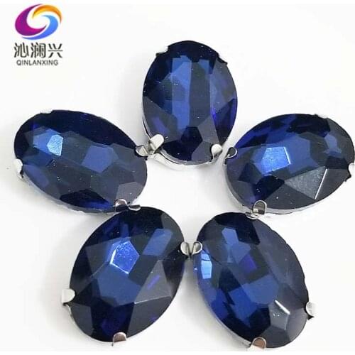 Ink blue oval shape High quality Glass Crystal flatback sew on claw rhinestones with holes,Diy/Clothing accessories SWT21