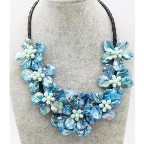 Women Classic Jewelry natural pearl 7 flower blue baroque shell pearl necklace black leather 18" 45cm