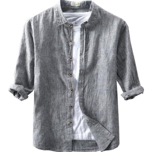 Men Shirt Three Quarter Casual Vintage Tops Stand Collar 2021 Breathable Cotton Linen Striped Shirts Men Clothes M 4xl