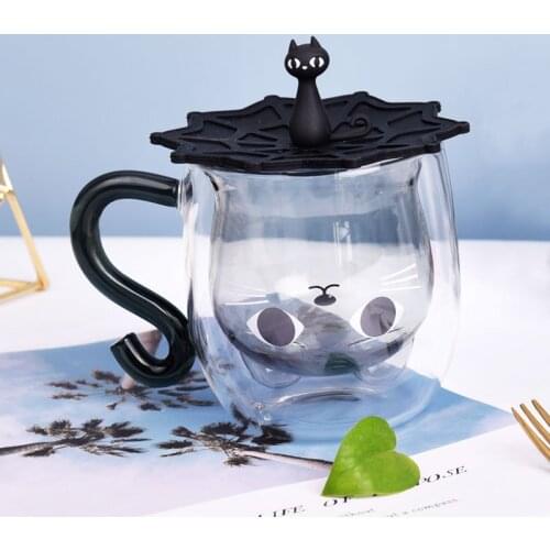 Double Wall Glass Cup Black Cat Mug Beer Espresso Coffee Cup Set Handmade Beer Mug Tea glass Whiskey Tumbler Glass Cup Drinkware