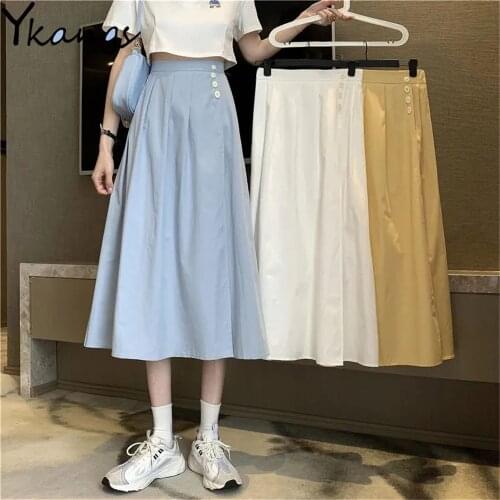 Summer Solid Pleated Skirt High Waist Buttons Yellow Blue White Long Skirts Women Korean Casual Wild A-Line Skirts Streetwear