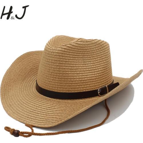 Women Men Western Cowboy Hat With Windproof Rope For Lady Gentleman Beach Sun Sombrero Cowgirl Hat Size 58CM A0116-XSJ