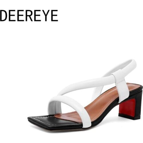 2021 Summer Designer Style Comfortable Forming Belt CowSkin Square Toe 5CM Chunky Heel Slide Sandals For Womens And Ladies