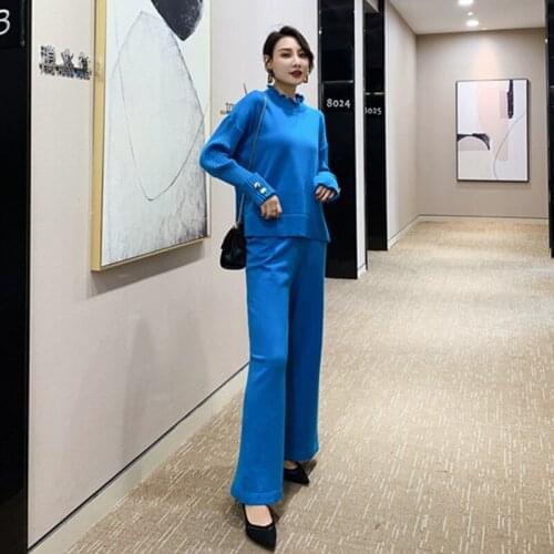Autumn and winter womens knitted sweater pants two-piece 2019 new loose blue ladies sweater high quality Elegant wide-leg pants