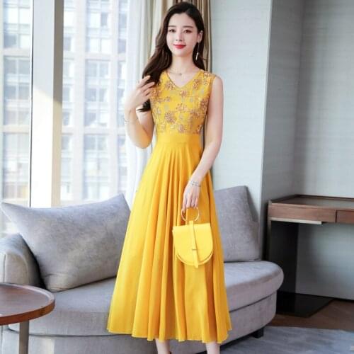 Chiffon Dress Women Summer Large Size Temperament V-neck Chiffon Stitching Lace Big Swing Short-sleeved Mujer Vestidos Z973